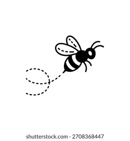 Nette schwarz-weiße Cartoon-Biene fliegen mit einem gepunkteten Linie Pfad