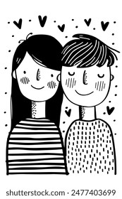 Linda pareja de dibujos animados en blanco y negro con corazones, ilustrando amor, felicidad y afecto