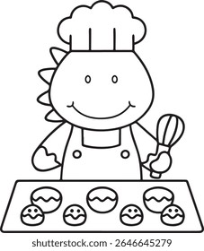 A cute, black and white cartoon dinosaur chef wearing a chef's hat and apron, holding a whisk and preparing cookies on a baking tray.