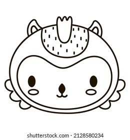 Cute black and white cartoon face of owlet. Children's outline illustration. For coloring book or page, nursery, sticker. Forest monochrome nocturnal bird muzzle in Scandinavian style. Vector.