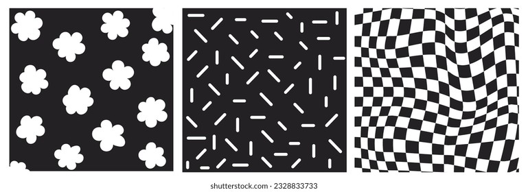 Cute black and white cartoon flower, cell and vase seamless pattern set. Organic daisy flower and other elements in trendy playful cartoon style. Vector checkers and abstract background.