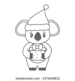 cute black and white cartoon koala with santa hat and gift box christmas vector illustration for coloring art
