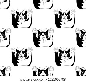 Cute Black and White Cat Attack on White Background. Vector Illustration.