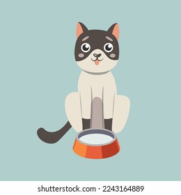 Cute black and white cat cartoon character with milk illustration. Comic domestic animal with milk or water in bowl isolated on blue background. Pets, food concept