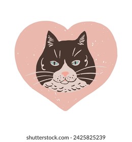 Cute black and white cat drawing. Cat's head in a heart. Pet love. Valentine's day. Cat's print for animal lovers.