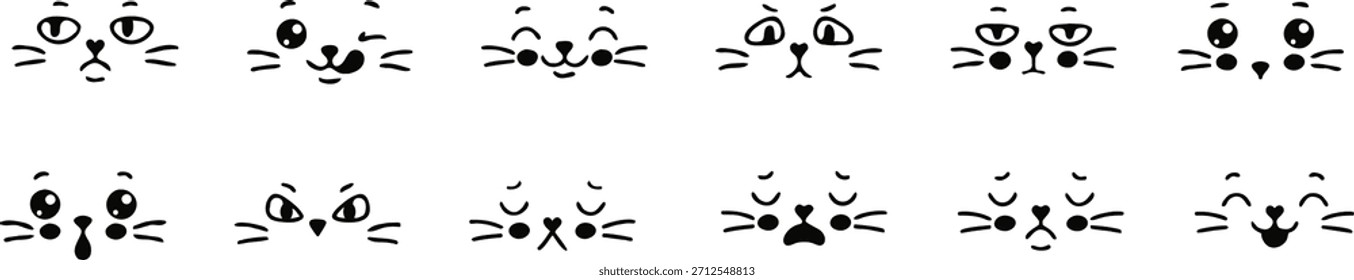 Cute black and white cat face icon set featuring playful expressions. Minimal line-style illustrations perfect for stickers, prints, and digital designs. Charming cartoon graphics for creative project