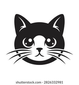 A cute black and white cat face with big eyes and whiskers, illustration closeup