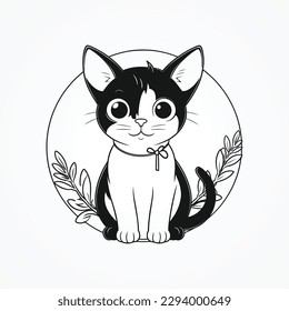 Cute black and white cat with green leaves. Vector illustration.