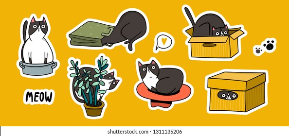 Cute black and white cat hiding in various objects. Hand drawn colored vector set. Pre-made stickers. All elements are isolated