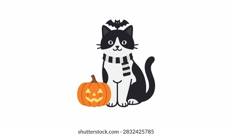 Cute Black And White Cat With Jack O Lantern
