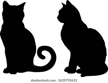Cute black and white cat and kitten silhouettes, vector pet illustrations