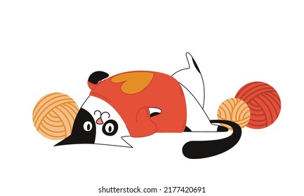 Cute Black and White Cat in a Knitted Orange Sweater with a Yellow Heart, Wool Yarn Balls. Vector Flat Illustration, Isolated on White, Cartoon, Clipart.
