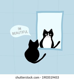 Cute Black And White Cat Looking In The Mirror And Seeing His Reflection. Thoughts Of A Cat 