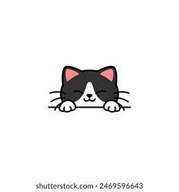 Cute black and white cat peeking cartoon, vector illustration