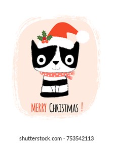 Cute black and white cat with Santa hat and a scarf for greeting cards and invitations