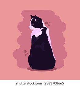 Cute black and white cat sitting alone and looking straight ahead. Vector illustration