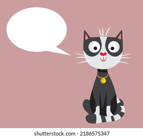 
Cute Black and White Cat mit Speech Bubble Vektorgrafik Illustration. Smart kitty mit leerem Kopienraum-Dialogfeld
