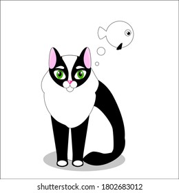 A cute black and white cat thinks about a fish. on a white background. Vector image for advertising, posters, children's games, cards.