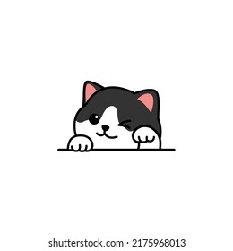 Cute black and white cat waving paw cartoon, vector illustration