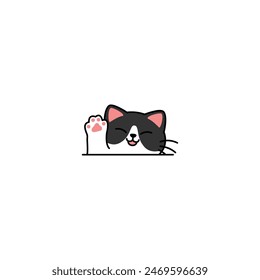 Cute black and white cat waving paw cartoon, vector illustration