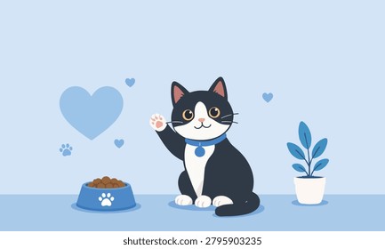 Cute Black And White Cat Waving Paw Flat Vector Illustration