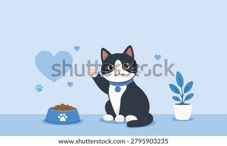 Cute Black And White Cat Waving Paw Flat Vector Illustration