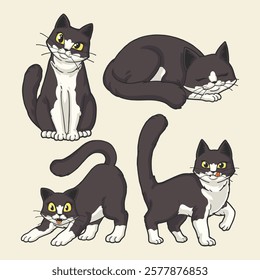 cute black and white cats cartoon character illustration for tshirt design, logo, or stickers