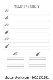 Cute black and white checklist for birdwatcher and ornithologist. Printable planner for young naturalist. Hand drawn vector illustration with kawaii birds and feathers