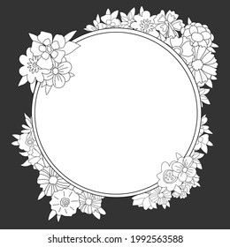 Cute black and white circle frame with flowers. For a wedding invitation, happy birthday. Line beautiful vector illustration of doodles.