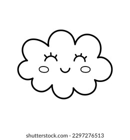 Cute black and white cloud isolated element. Weather character in cartoon style. Line art for coloring pages. Vector illustration