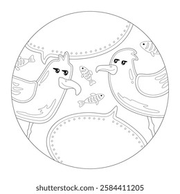 A cute black and white coloring page with two cartoon seagulls and fish in a circle