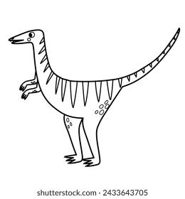 Cute black and white compsognathus in cartoon style isolated element. Funny dinosaur of jurassic period for kids design. Prehistorical dino clipart in outline for coloring. Vector illustration