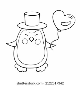 Cute black and white contour-drawn penguin in a top hat with a balloon in the shape of a heart. Vector outline illustration. Kawaii, children's  birthday or valentine's day illustration.