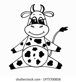 Cute black and white cow. Funny animal cartoon character. Black and white image for kids illustration. Symbol farming, livestock and agriculture.