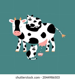 Cute black and white cow and two spotted cats with bowl of milk. Adorable cheerful kine and funny feline. Animal baby characters hand drawn vector illustration.