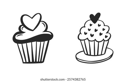 Cute Black and White Cupcakes icon set with Hearts for Design of valentine day