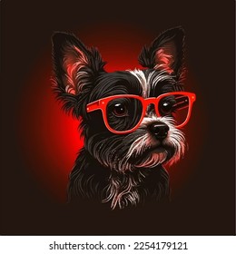 Cute black and white dog wearing red glasses, red background