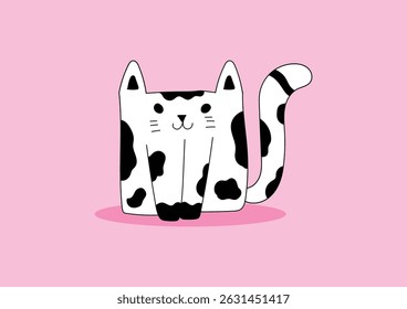 Cute black and white doodle cat sitting on a pink background.