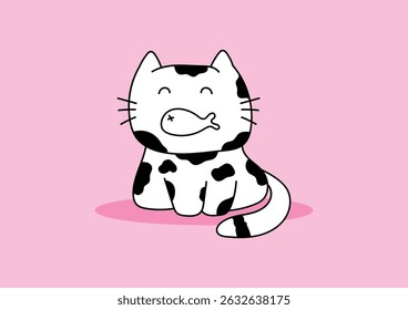 A cute black and white doodle cat sitting with fish in mouth on a pink background.