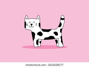 Cute black and white doodle cat on a pink background.