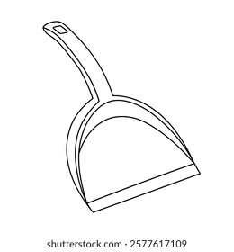 Cute black and white dustpan to sweep dirt and garbage from floor. Hand drawn dust pan to tidy up apartment. Funny doodle of device for sanitation and household isolated on white background.