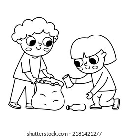 Cute black and white eco friendly kids collecting waste. Boy, girl caring of environment, sorting rubbish. Earth day coloring page. Ecological vector line concept with children picking up trash
