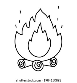 Cute black and white fire on the logs. Vector campfire illustration isolated on white background. Autumn or Summer season bonfire line icon for print, sticker, postcard.  Funny hearth outline symbol