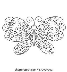 Cute black and white floral butterfly. Monochrome doodle element