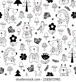 Cute black and white forest animals seamless pattern childish cartoon style. Vector illustration can be used for wallpaper fills web page background or fabric 