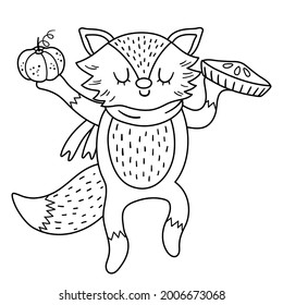 Pezo blanco y negro en bufanda con tarta de calabaza. Caracteres del contorno vectorial otoño o día de Acción de Gracias aislados en fondo blanco. Icono del animal de la línea de temporada otoño.  Graciosa ilustración forestal.
