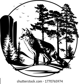 Cute black and white fox. Wildlife scene. An animal in a natural habitat.Tattoo sketch.