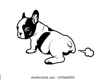 A cute black and white French Bulldog puppy. A little frenchie is farting and looking! what does this smell like? Frenchie art in black and white style.