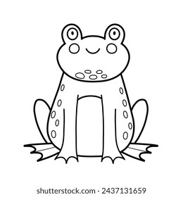 Cute black and white frog in cartoon style. Smiling toad isolated in outline for coloring. Funny character for kids design. Vector illustration