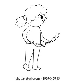 Cute black and white girl walking with marshmallow and sausage. Kid doing summer activity. Vector summer camp outline illustration. Camping character. Woodland travel tourist line icon. 
